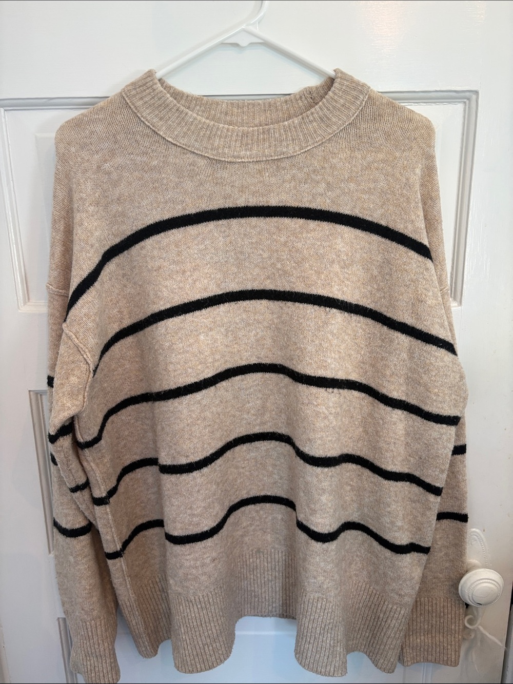 aerie Beige Crewneck Sweater with Black Stripes